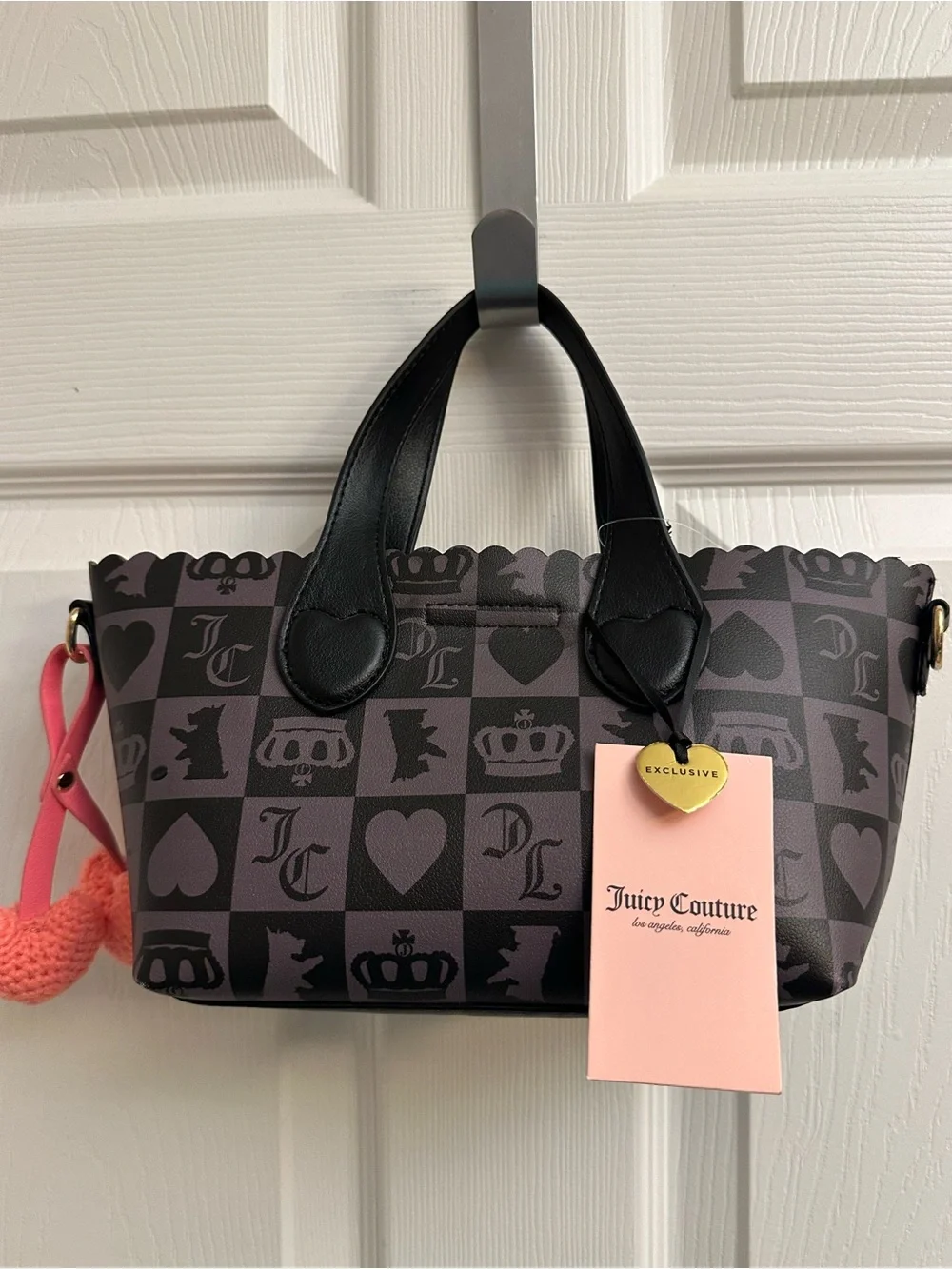 Juicy Couture Black and Charcoal Checker Satchel with Pink Heart Charm